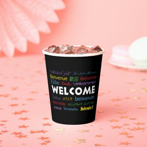 Welcome Colorful Many Languages Typography Black Paper Cups