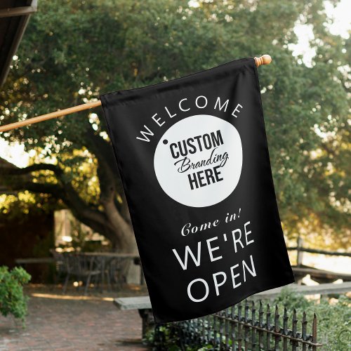 Welcome Come In Were Open Logo Black And White House Flag