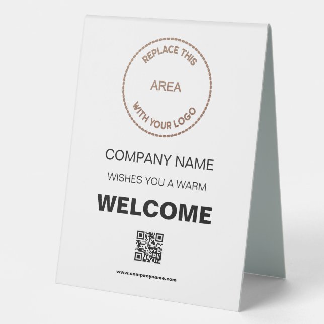 Welcome Company Event Your Logo QR Code White Table Tent (Front)