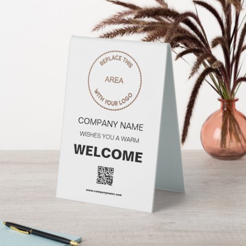 Welcome Company Qr Code Your Logo White Table Tent Sign