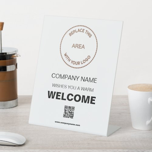 Welcome Company Your Logo QR Code white Pedestal Sign