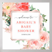 Welcome Coral Floral Watercolor Baby Shower Sign