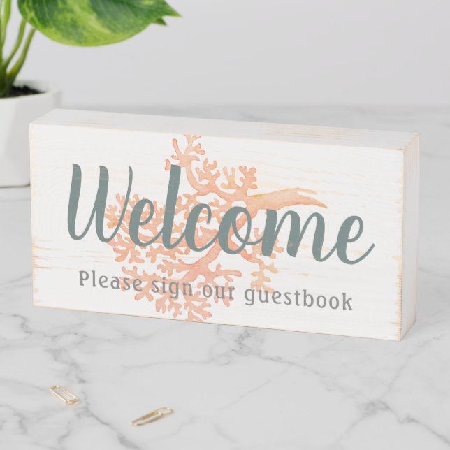 Welcome Coral Guestbook Customizable Wooden Box Sign (In Situ Horizontal)