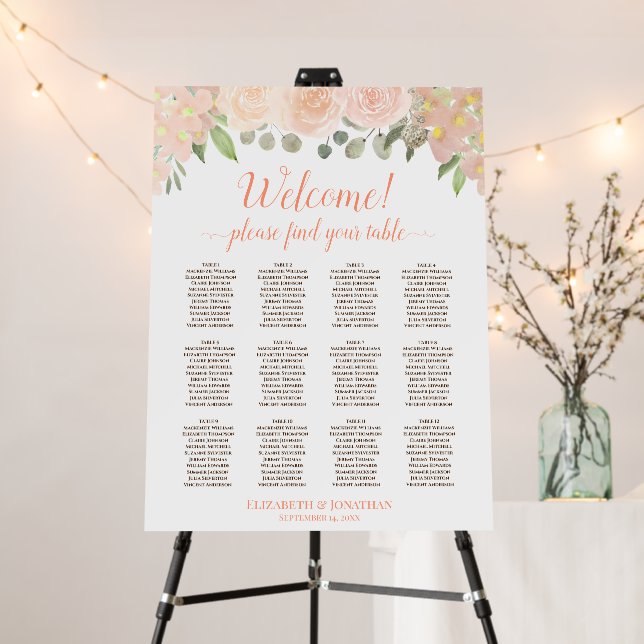 Welcome! Coral Peach Floral 12 Table Seating Chart Foam Board (In Situ (Stand))