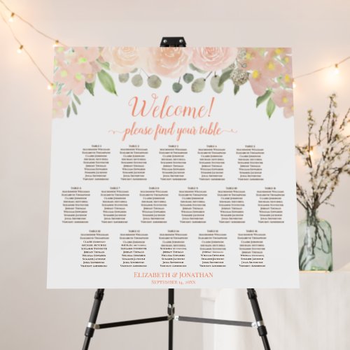 Welcome Coral Peach Floral 16 Table Seating Chart Foam Board