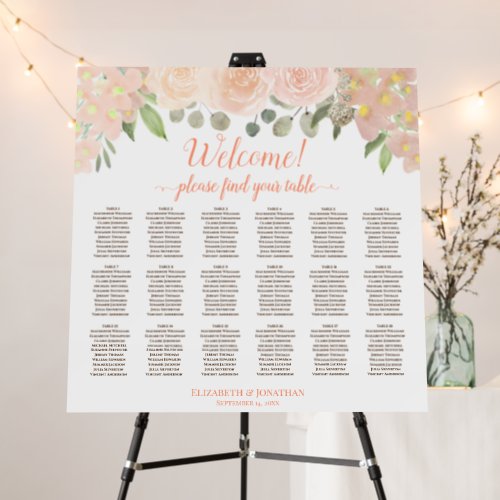 Welcome Coral Peach Floral 18 Table Seating Chart Foam Board