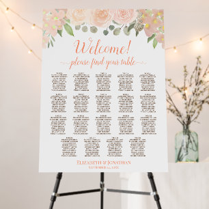 Welcome! Coral Peach Floral 19 Table Seating Chart Foam Board