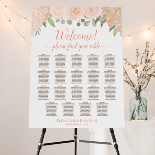 Welcome Coral Peach Floral 19 Table Seating Chart Foam Board