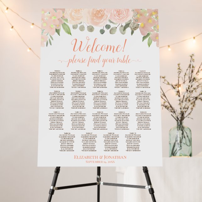 Welcome! Coral Peach Floral 19 Table Seating Chart Foam Board (In Situ (Stand))