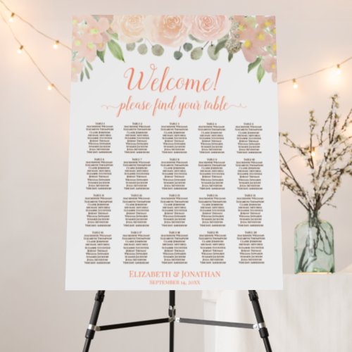 Welcome Coral Peach Floral 20 Table Seating Chart Foam Board