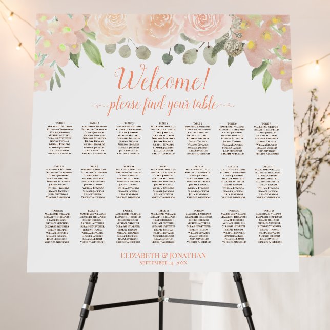 Welcome! Coral Peach Floral 21 Table Seating Chart Foam Board (In Situ (Stand))