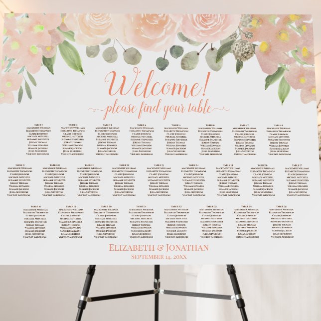Welcome! Coral Peach Floral 25 Table Seating Chart Foam Board (In Situ (Stand))