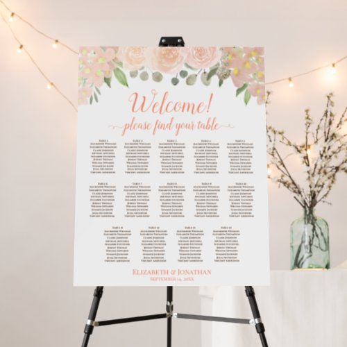 Welcome Coral Peach Roses 14 Table Seating Chart Foam Board