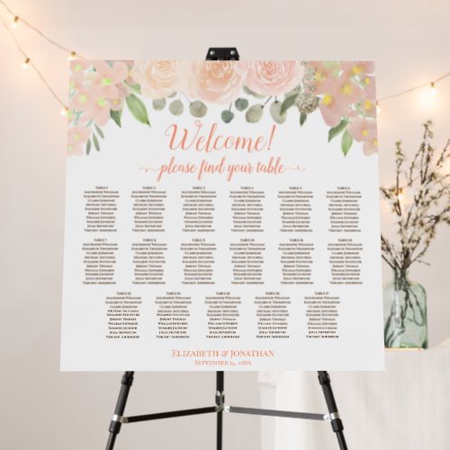 Welcome Coral Peach Roses 17 Table Seating Chart Foam Board