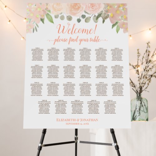 Welcome Coral Peach Roses 23 Table Seating Chart Foam Board