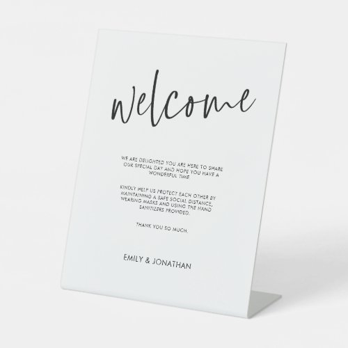 Welcome COVID Safety Handwritten Black Script Pedestal Sign