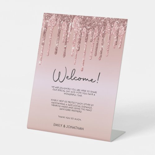 Welcome COVID Safety Wedding Rose Gold Glitter Pedestal Sign