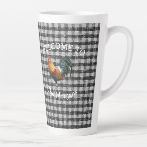 Welcome Cow Black and White Check Farmhouse Name Latte Mug