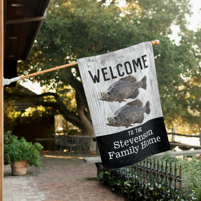 Welcome Crappie Fishing Rustic Family Name  House Flag (In SItu)