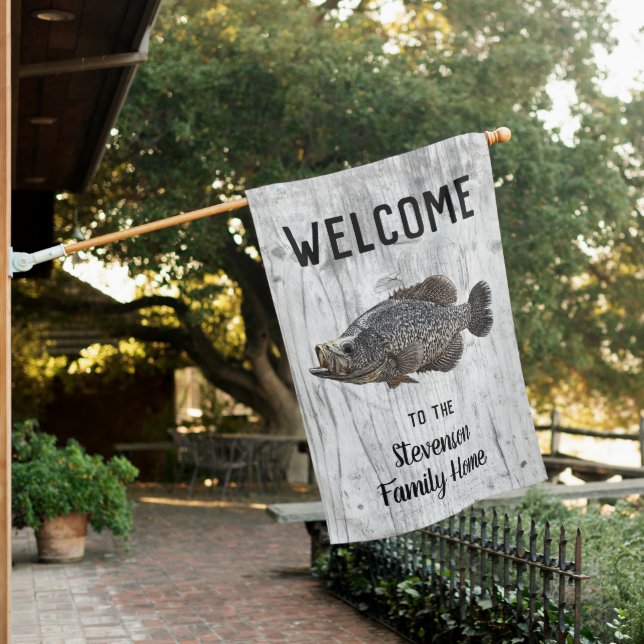 Welcome Crappie Fishing Rustic Family Name  House Flag (In SItu)