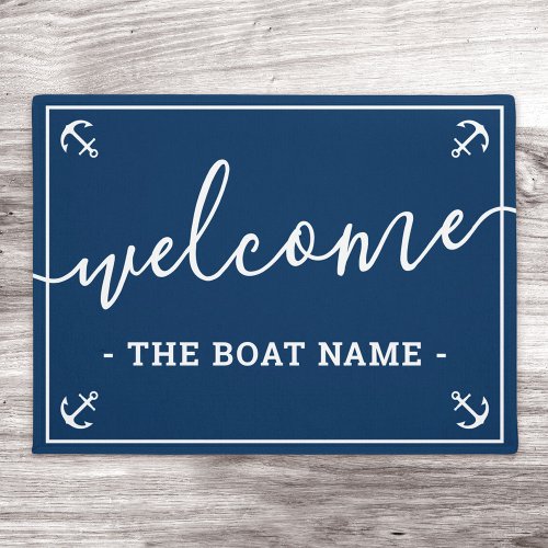 Welcome custom boat name and anchors dark blue doormat
