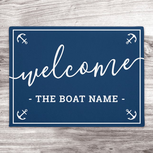 Welcome custom boat name and anchors dark blue doormat (Creator Uploaded)