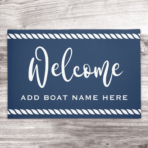 Welcome custom boat name rope border dark blue doormat