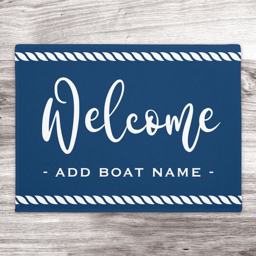 Welcome custom boat name rope border dark blue doormat