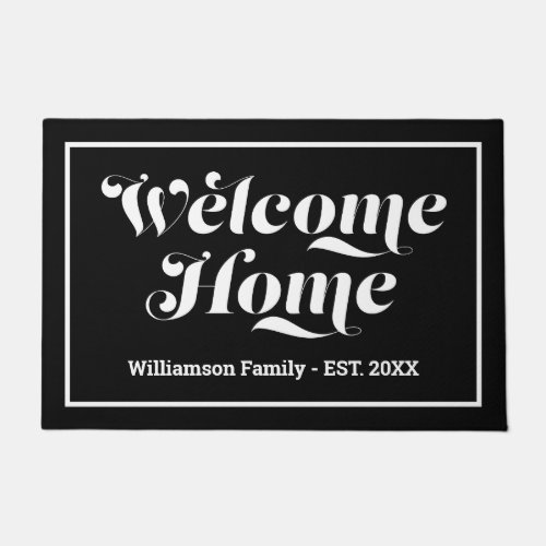 Welcome Custom Family Name Script Black  White Doormat