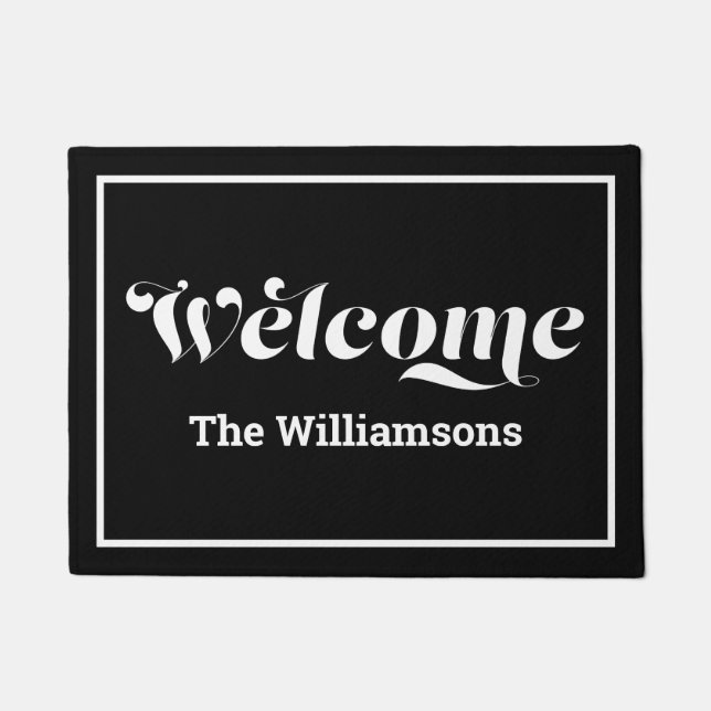 Welcome Custom Family Name Script Black & White Doormat (Front)