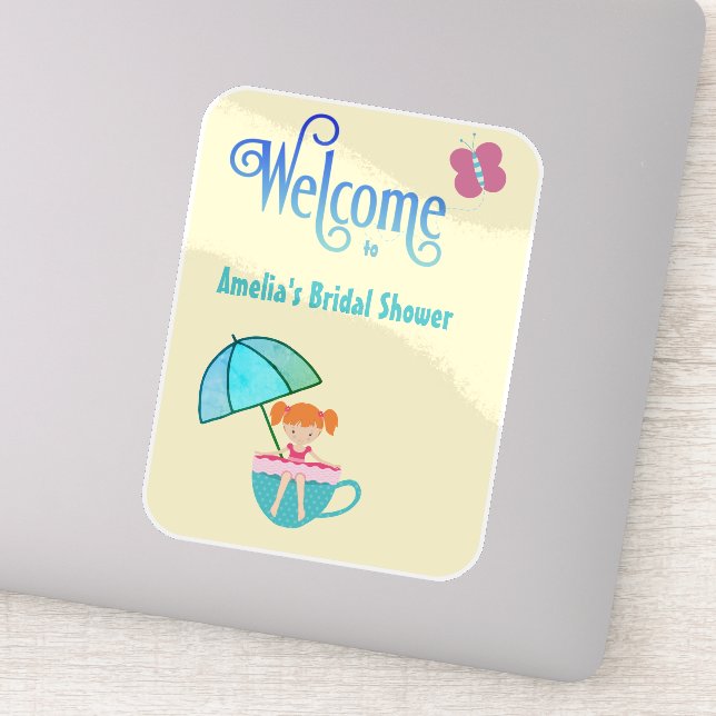 Welcome Custom Name Bridal Shower Teacup Butterfly Sticker (Detail)