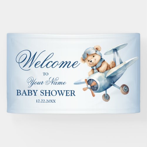 Welcome Cute Baby Bear Pilot Blue Airplane Banner