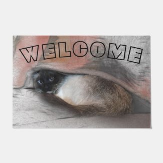 WELCOME Cute Blue Eyed Siamese Cat Under Blanket Doormat