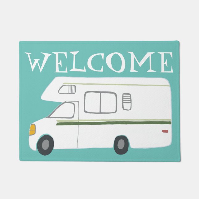 WELCOME Cute Camper Vintage Motorhome Art on blue Doormat (Front)