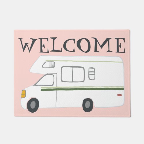 WELCOME Cute Camper Vintage Motorhome Art on pink Doormat