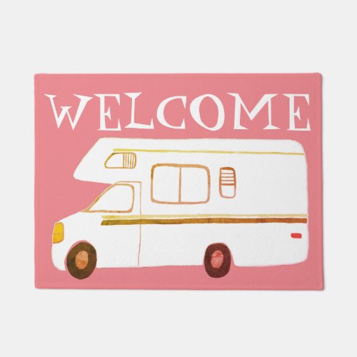 WELCOME Cute Camper Vintage Motorhome Art Pink Doormat