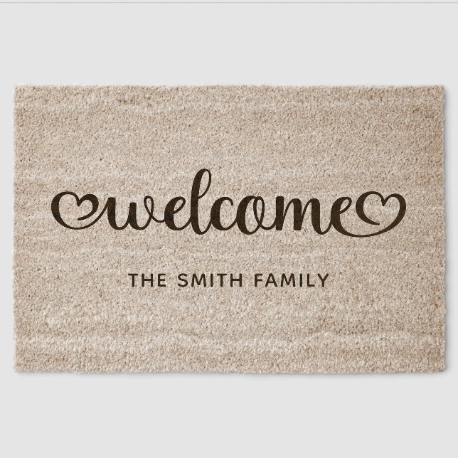 Welcome Cute Hearts Script Fiber Doormat (Front)
