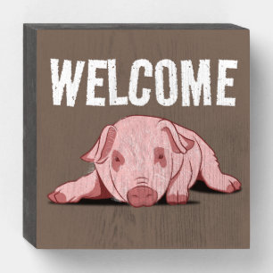 WELCOME CUTE PIG ART RUSTIC WOOD SIGN