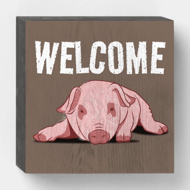 WELCOME CUTE PIG ART RUSTIC WOOD SIGN (Front Horizontal)