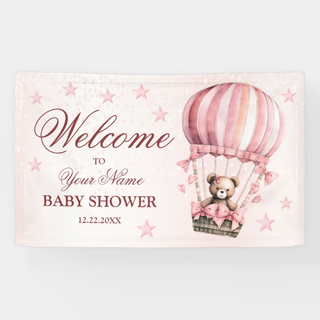 Welcome Cute Pink Teddy Bear Hot Air Balloon Party Banner (Horizontal)