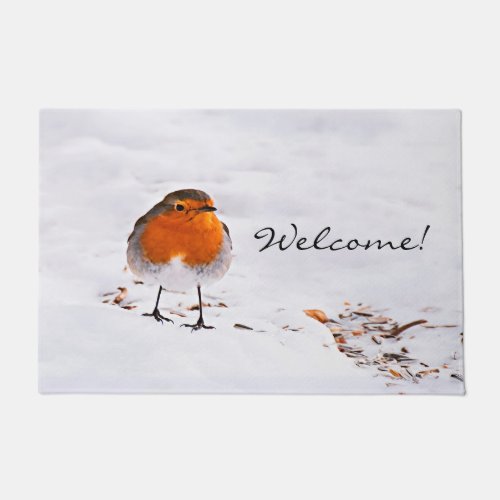 Welcome cute red robin bird snow winter wildlife doormat