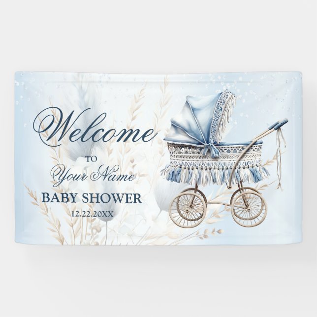 Welcome Cute Stroller Blue Floral Beautiful Party Banner (Horizontal)