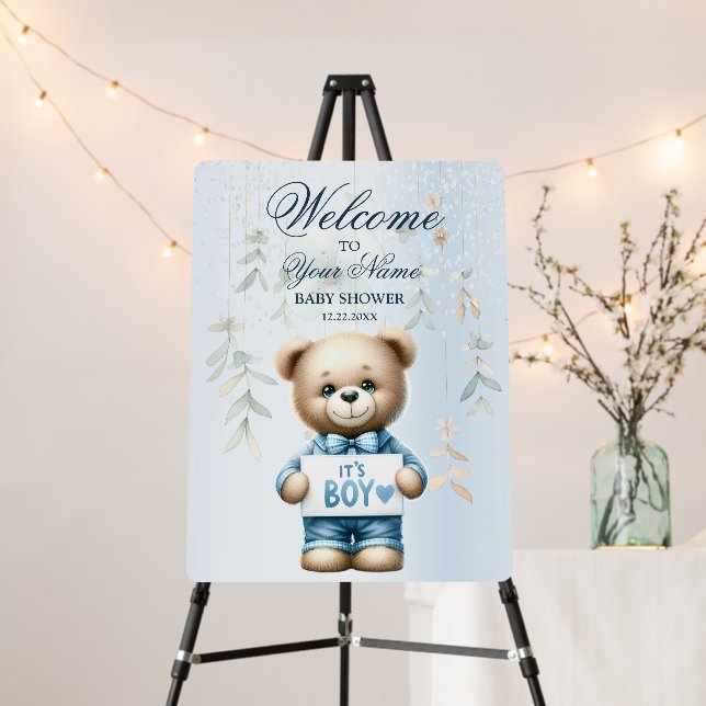 Welcome Cute Teddy Bear Blue Floral Beautiful Foam Board (In Situ (Stand))