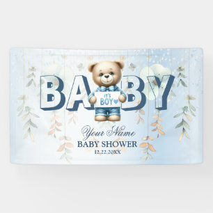 Welcome Cute Teddy Bear Blue Floral Party Banner