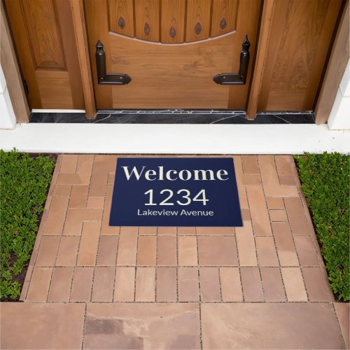Welcome Dark Blue and Beige House Number Address Doormat