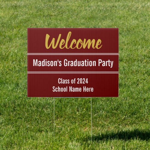 Welcome Dark Red Gold and White Graduation Party Sign