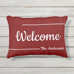 Welcome Dark Red White Script Name Text Template Outdoor Pillow