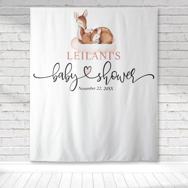 Welcome Deer Baby Shower Pink Cloud Backdrop (Baby shower deer and fawn pink cloud pink hand lettering watercolor backdrop for photo ops.)