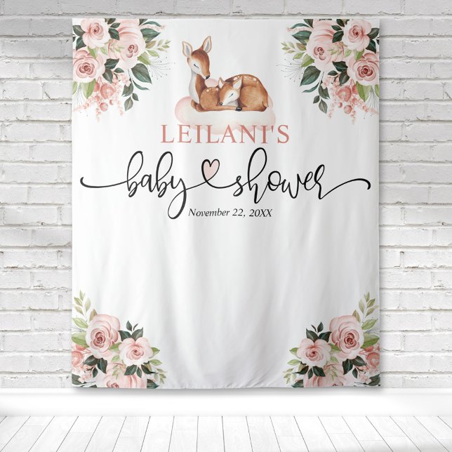 Welcome Deer Baby Shower Pink Floral Backdrop (Baby shower deer and fawn pink cloud pink floral botanical watercolor backdrop for photo ops.)