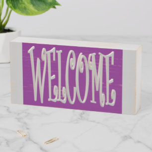 Welcome design grey and purple wooden box sign